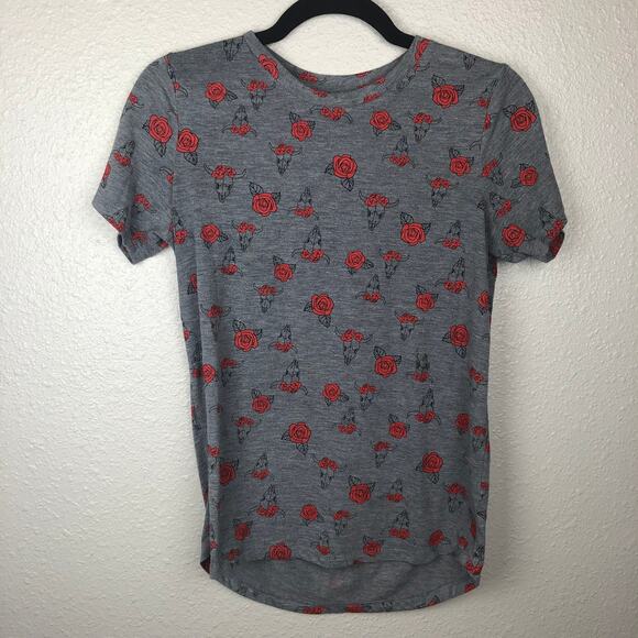 Mighty Fine Bull Skeleton & Roses Print Gray Grunge Boho Shirt - Picture 5 of 7